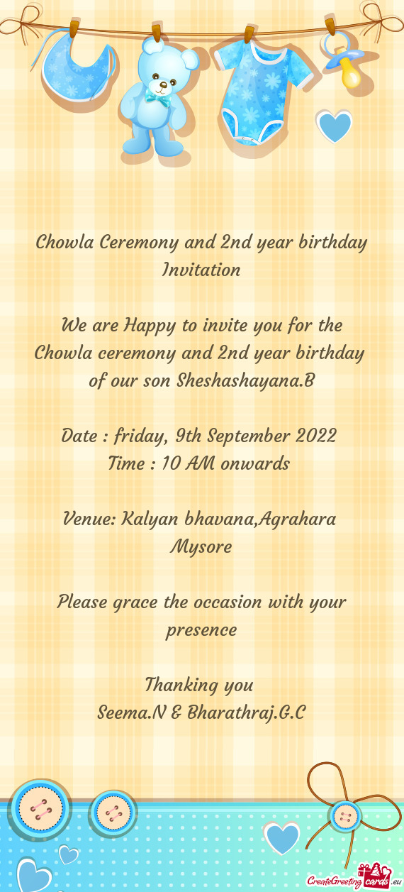 Chowla Ceremony and 2nd year birthday Invitation