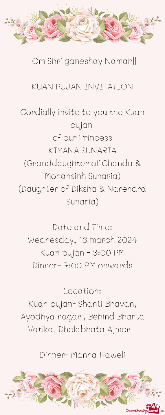 Cordially invite to you the Kuan pujan