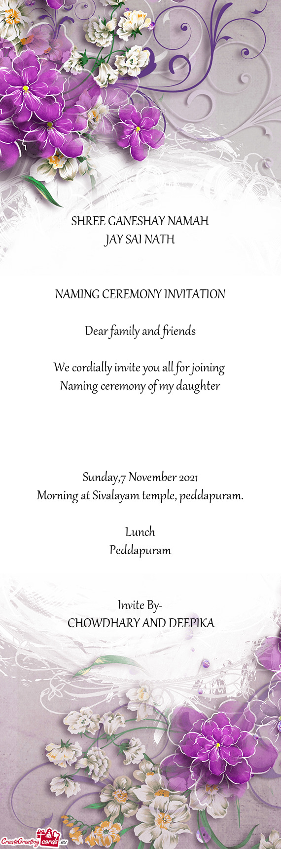 Cordially invite you all for joining 
 Naming ceremony of my daughter
 
 
 
 
 Sunday