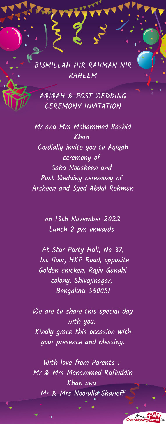 Cordially invite you to Aqiqah ceremony of