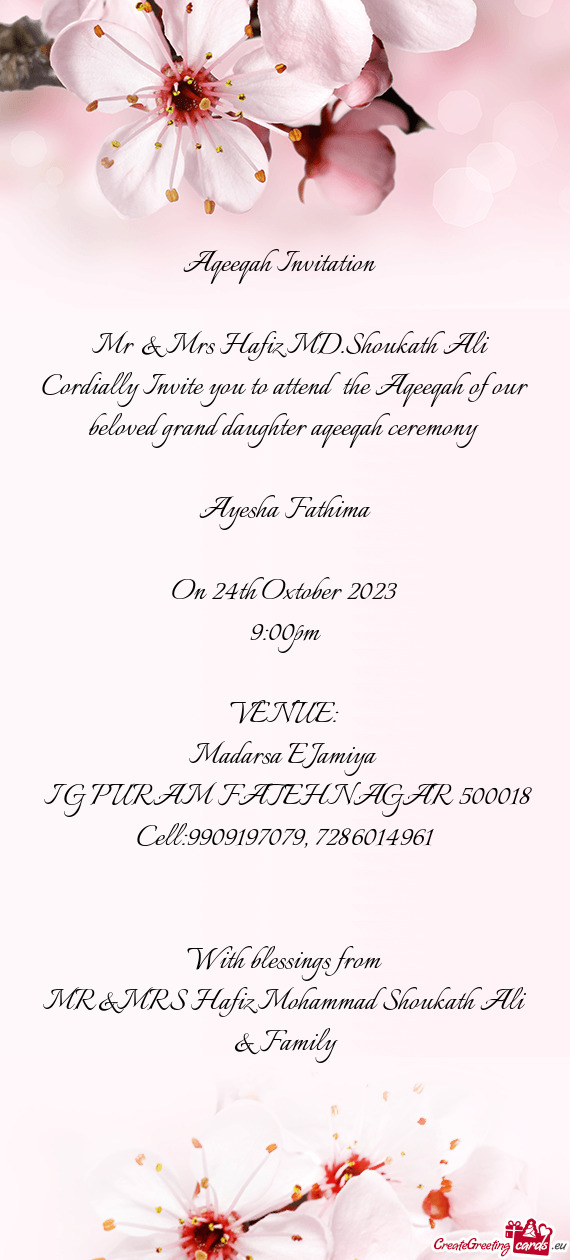 Cordially Invite you to attend the Aqeeqah of our beloved grand daughter aqeeqah ceremony