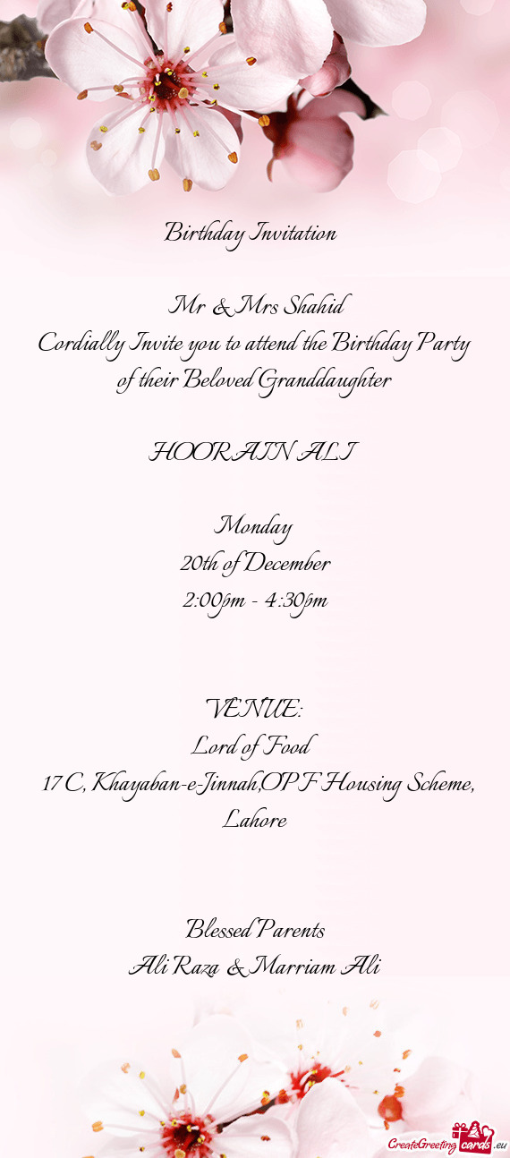 Cordially Invite you to attend the Birthday Party of their Beloved Granddaughter