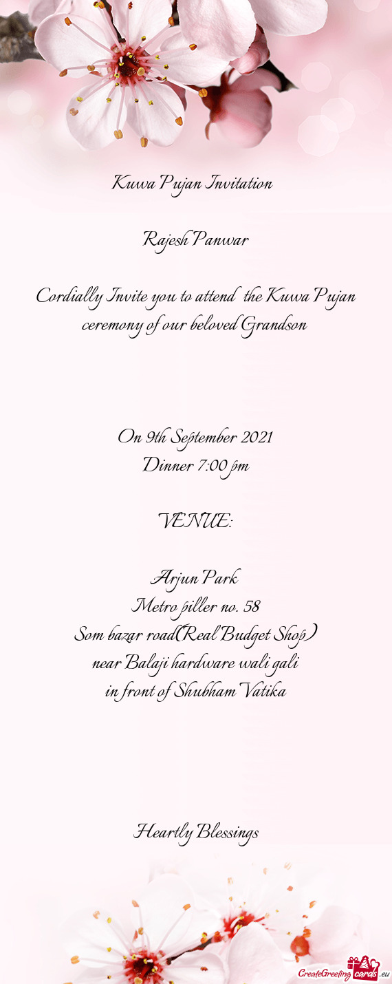 Cordially Invite you to attend the Kuwa Pujan ceremony of our beloved Grandson