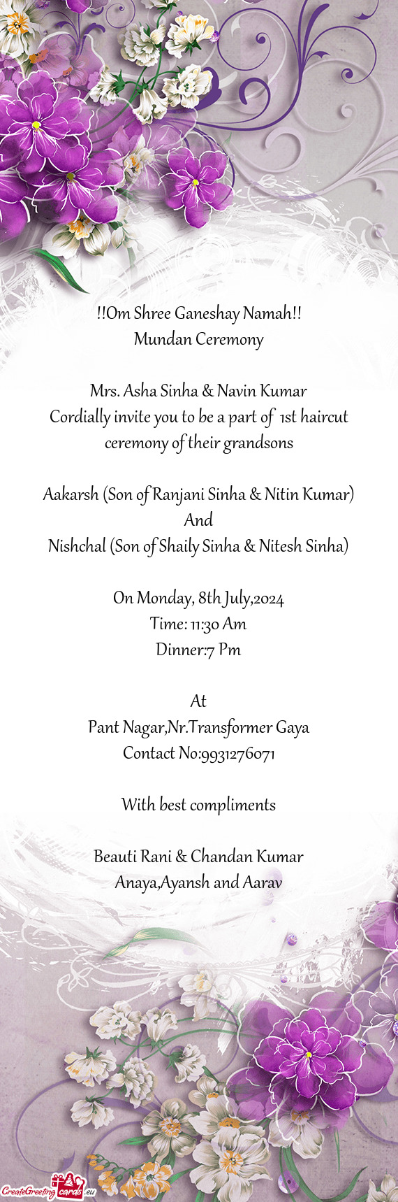 Cordially invite you to be a part of 1st haircut ceremony of their grandsons