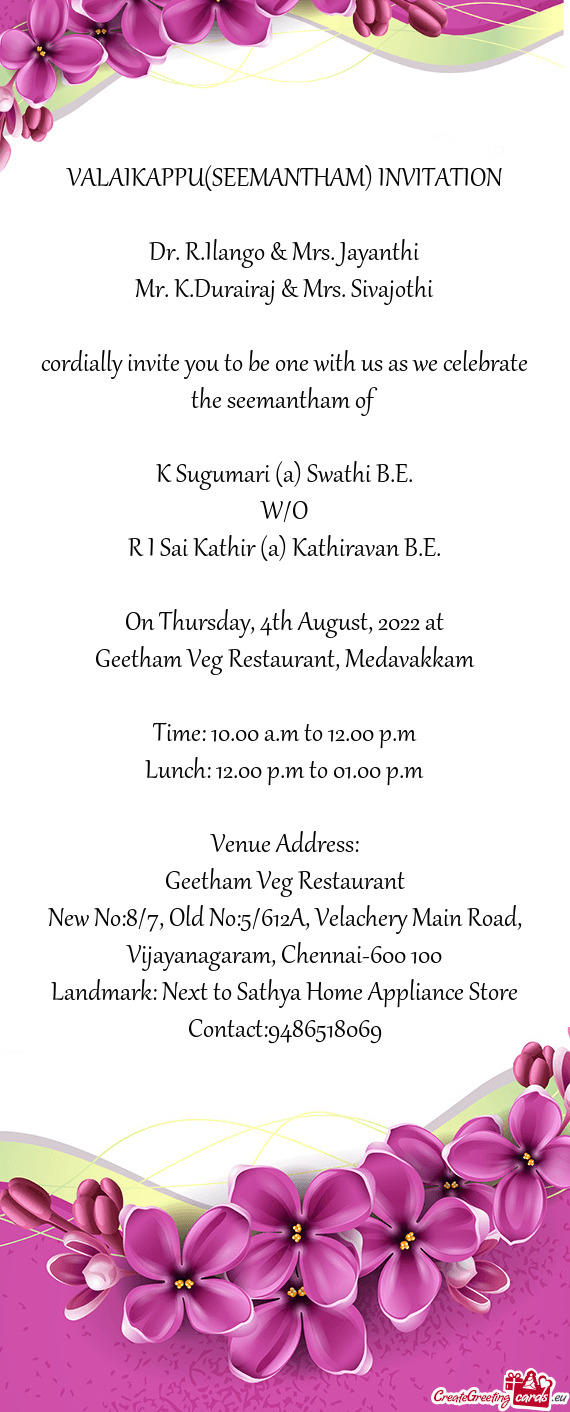 Cordially invite you to be one with us as we celebrate the seemantham of