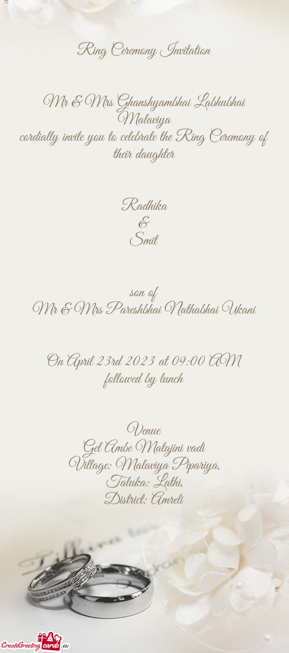 Cordially invite you to celebrate the Ring Ceremony of their daughter