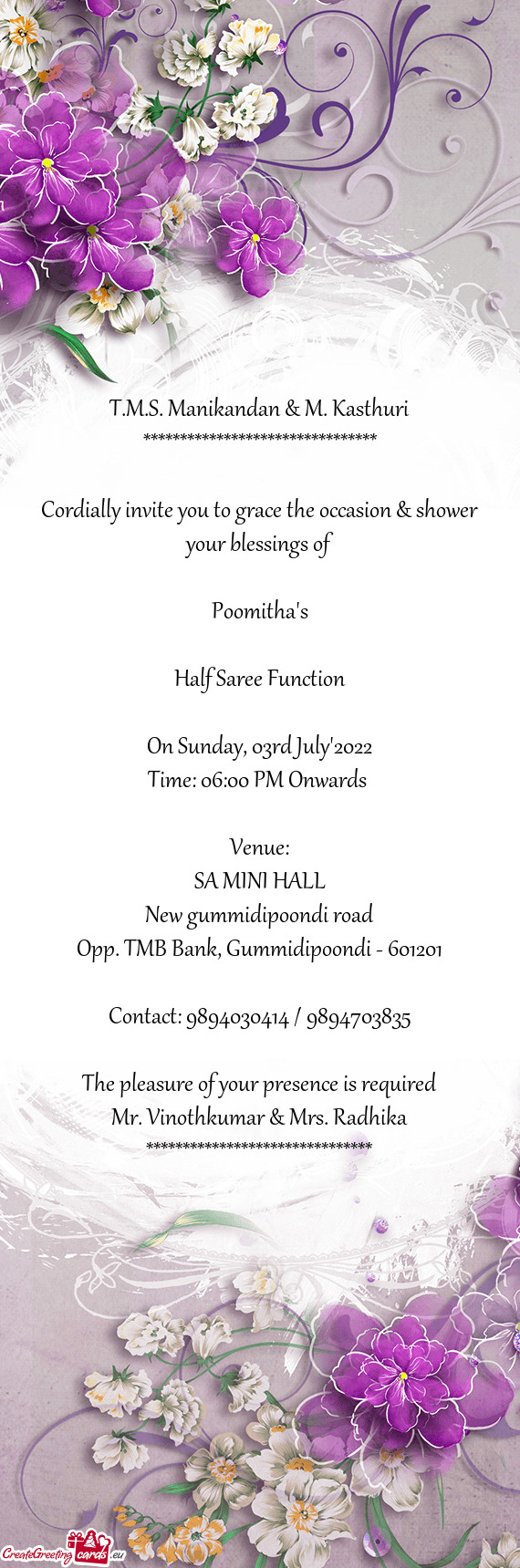 Cordially invite you to grace the occasion & shower your blessings of