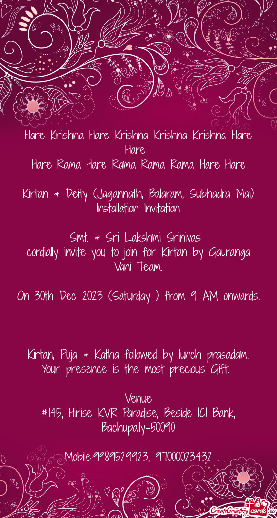 Cordially invite you to join for Kirtan by Gauranga Vani Team