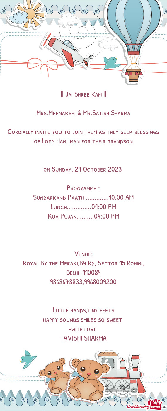 Cordially invite you to join them as they seek blessings of Lord Hanuman for their grandson