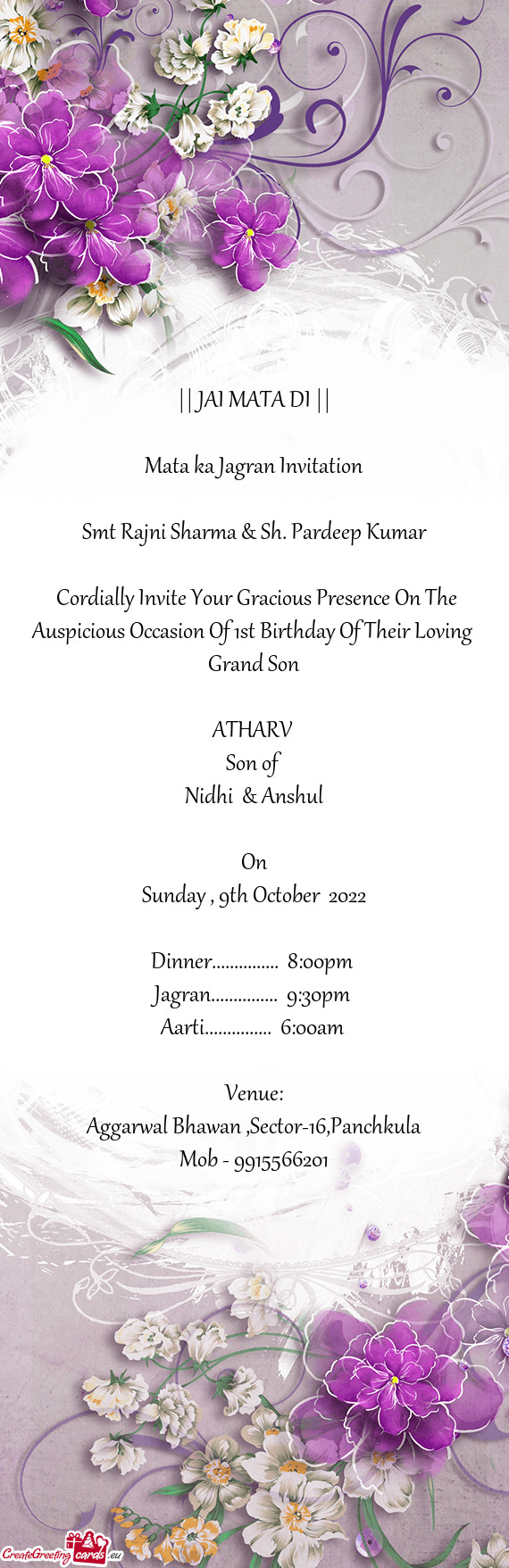 Cordially Invite Your Gracious Presence On The Auspicious Occasion Of 1st Birthday Of Their Loving