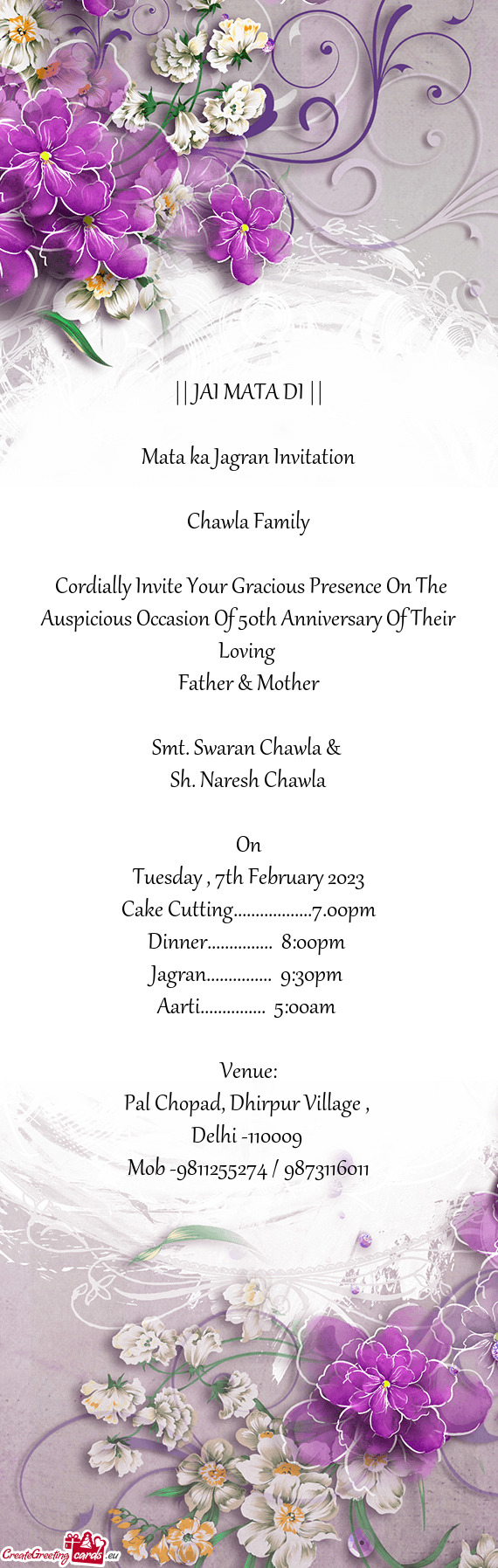 Cordially Invite Your Gracious Presence On The Auspicious Occasion Of 50th Anniversary Of Their Lov