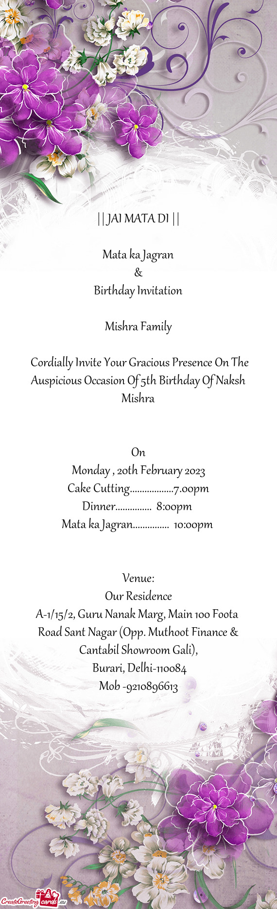 Cordially Invite Your Gracious Presence On The Auspicious Occasion Of 5th Birthday Of Naksh Mishra