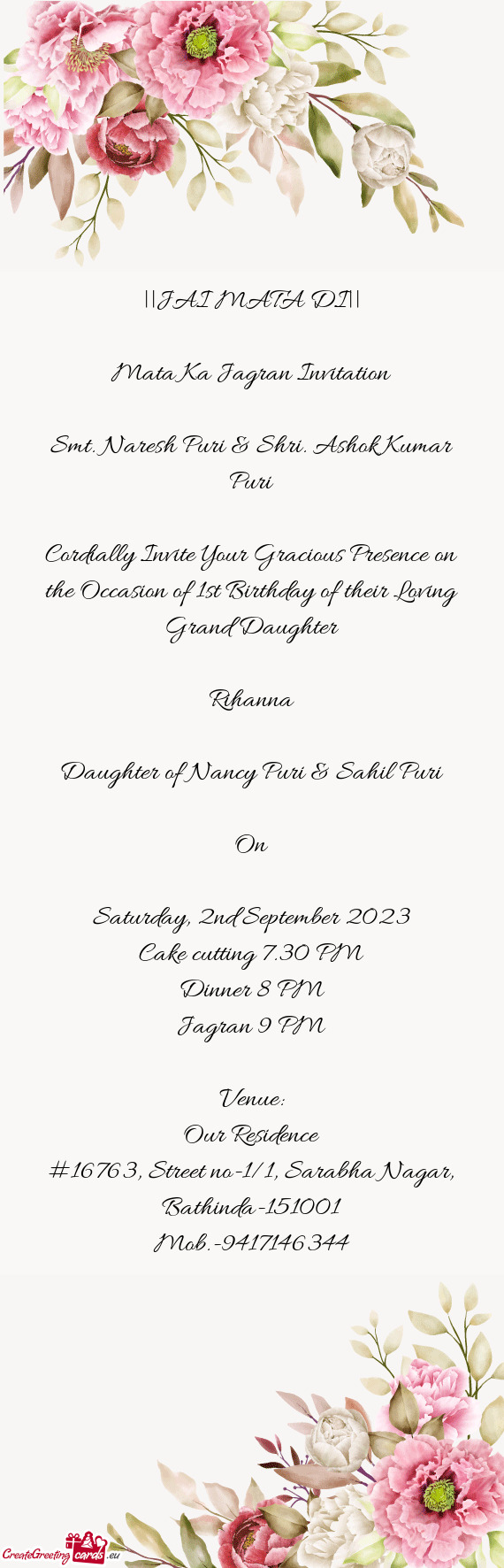 Cordially Invite Your Gracious Presence on the Occasion of 1st Birthday of their Loving Grand Daught