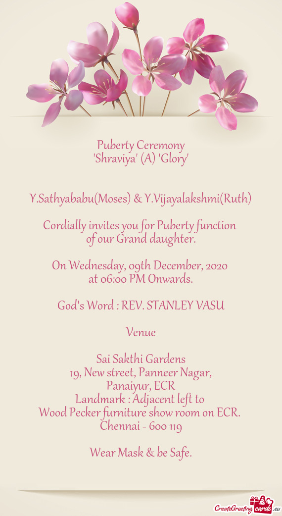 Cordially invites you for Puberty function