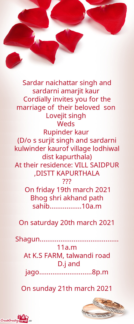 Cordially invites you for the marriage of their beloved son