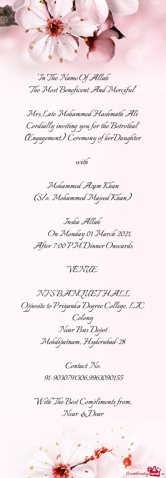 Cordially inviting you for the Betrothal (Engagement) Ceremony of herDaughter