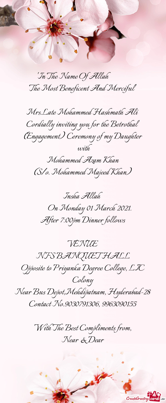 Cordially inviting you for the Betrothal (Engagement) Ceremony of my Daughter