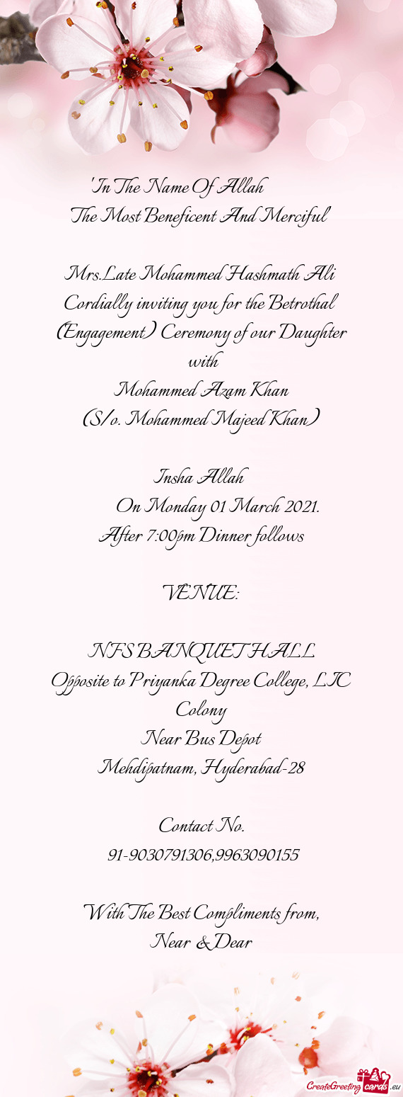 Cordially inviting you for the Betrothal (Engagement) Ceremony of our Daughter