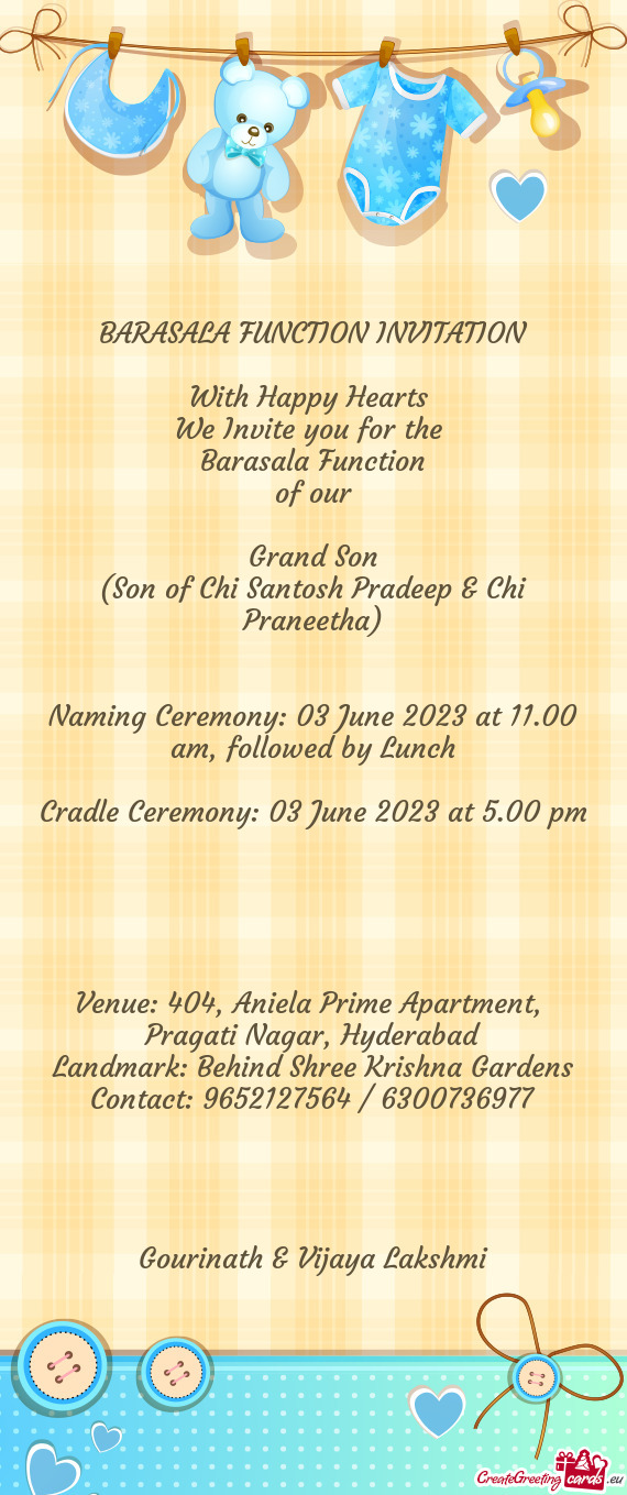 Cradle Ceremony: 03 June 2023 at 5.00 pm