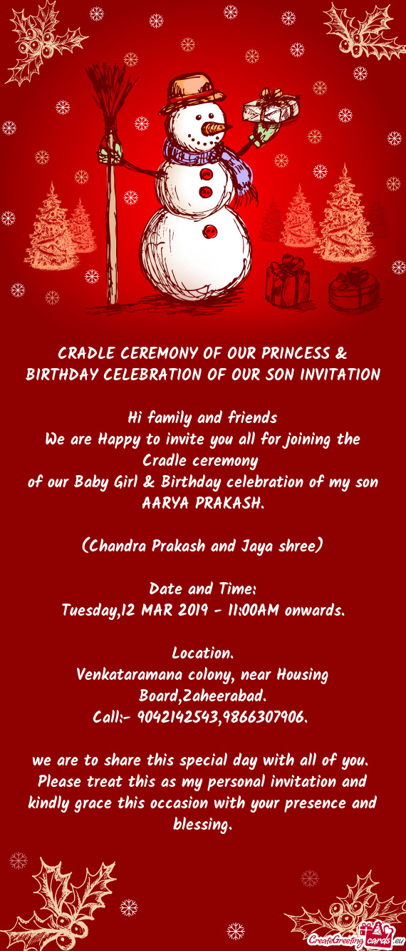 CRADLE CEREMONY OF OUR PRINCESS & BIRTHDAY CELEBRATION OF OUR SON INVITATION