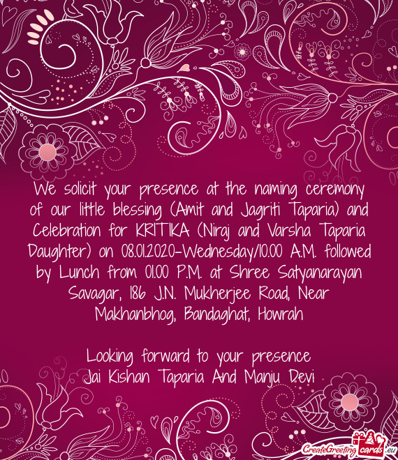 D Celebration for KRITIKA (Niraj and Varsha Taparia Daughter) on 08.01.2020-Wednesday/10.00 A.M. fol