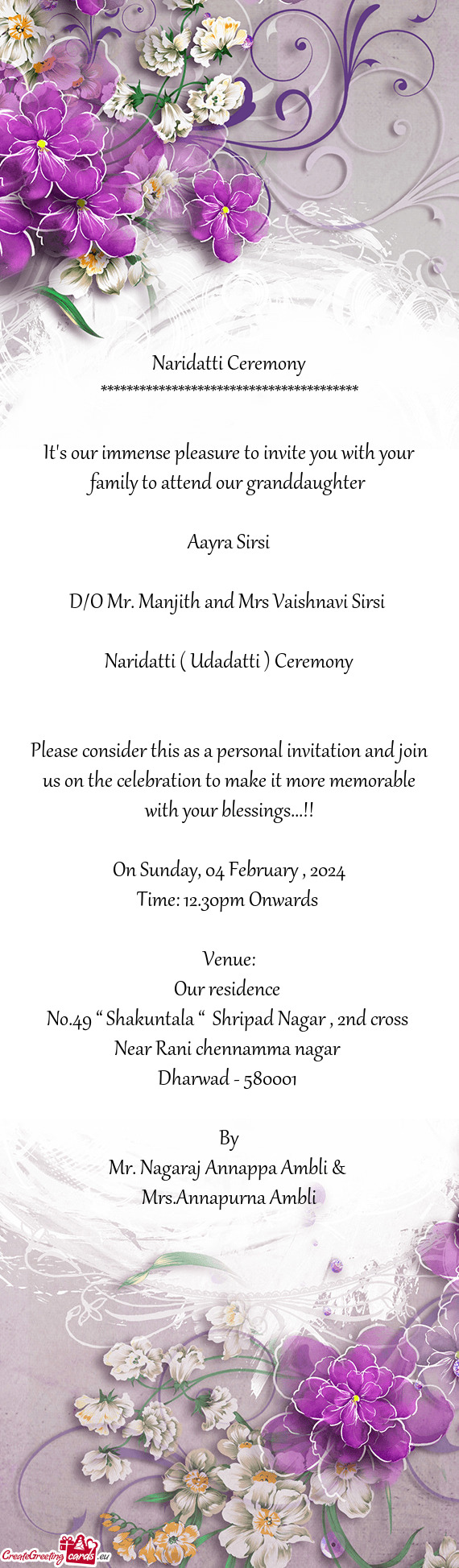 D/O Mr. Manjith and Mrs Vaishnavi Sirsi
