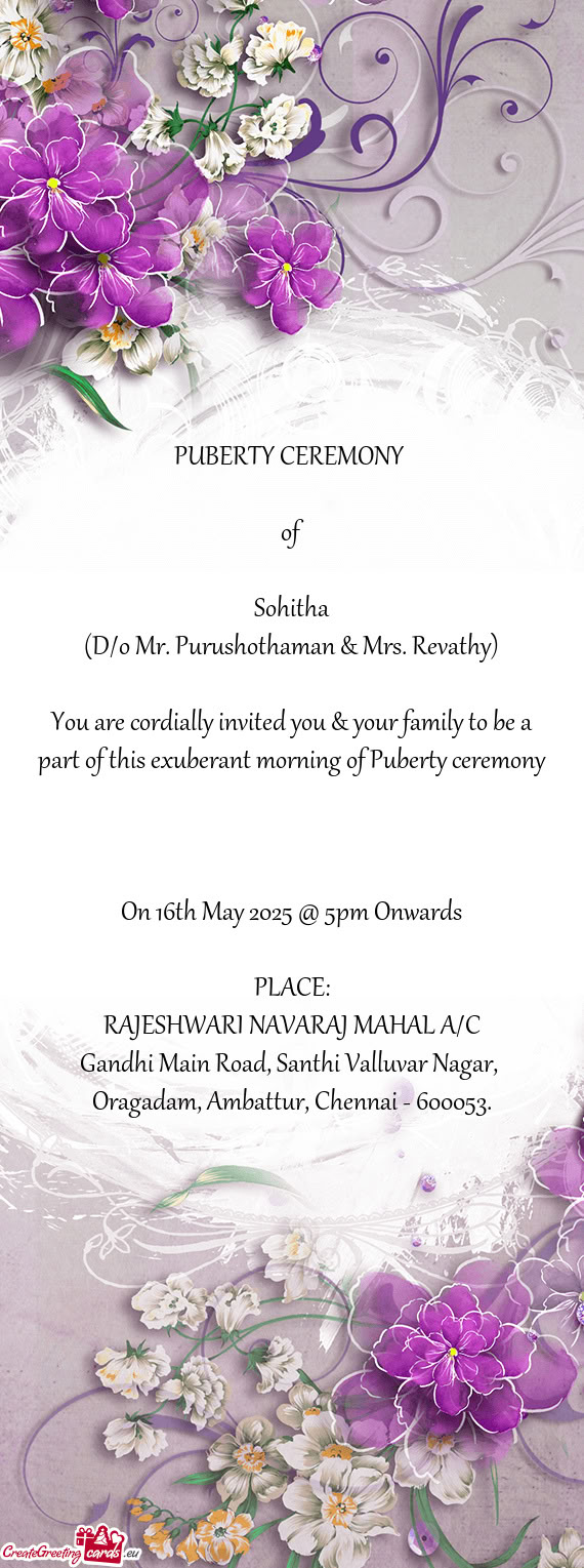 (D/o Mr. Purushothaman & Mrs. Revathy)