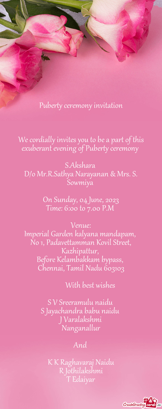 D/o Mr.R.Sathya Narayanan & Mrs. S. Sowmiya