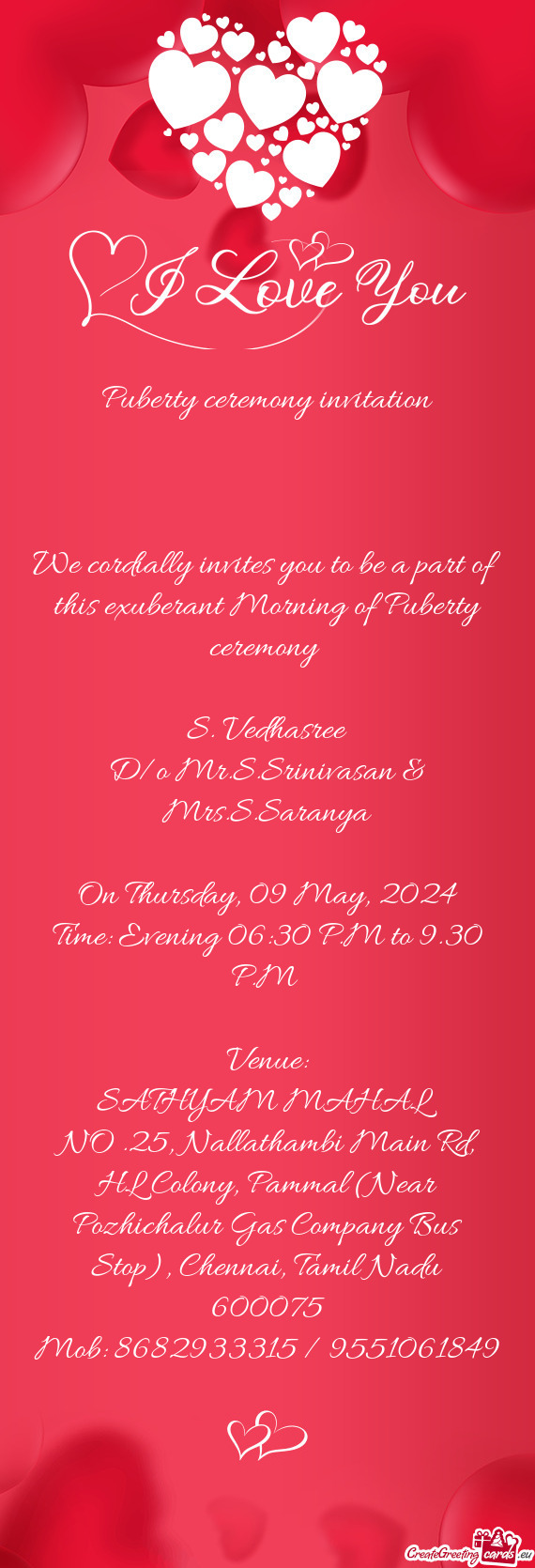 D/o Mr.S.Srinivasan & Mrs.S.Saranya