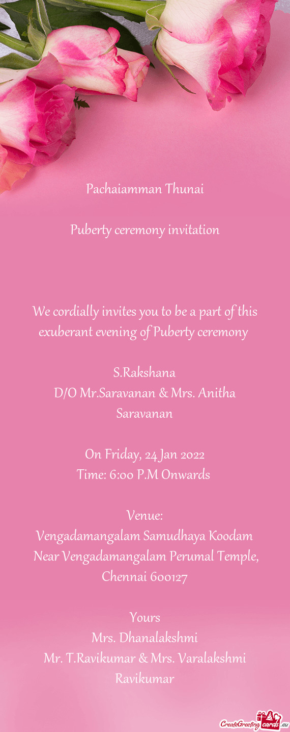D/O Mr.Saravanan & Mrs. Anitha Saravanan