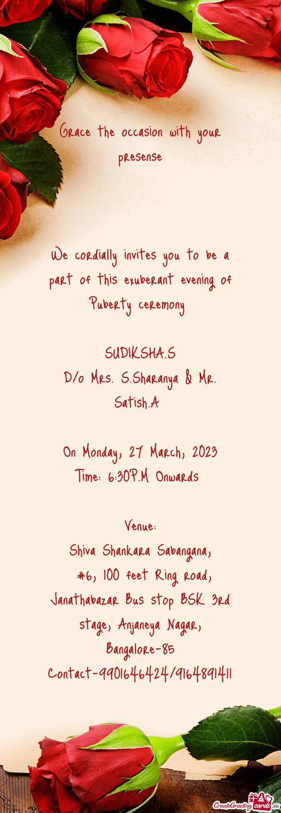 D/o Mrs. S.Sharanya & Mr. Satish.A