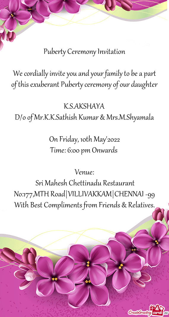 D/o of Mr.K.K.Sathish Kumar & Mrs.M.Shyamala