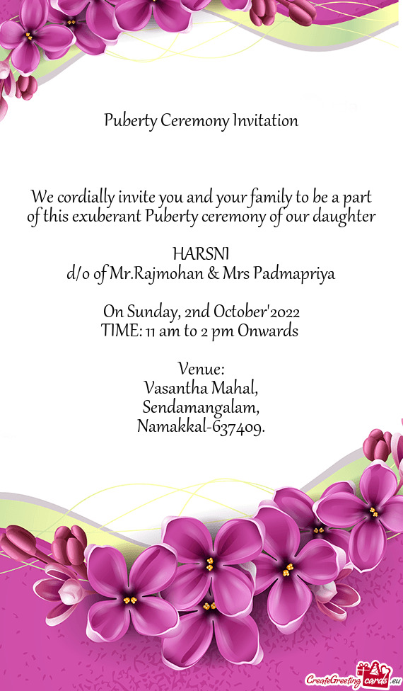 D/o of Mr.Rajmohan & Mrs Padmapriya