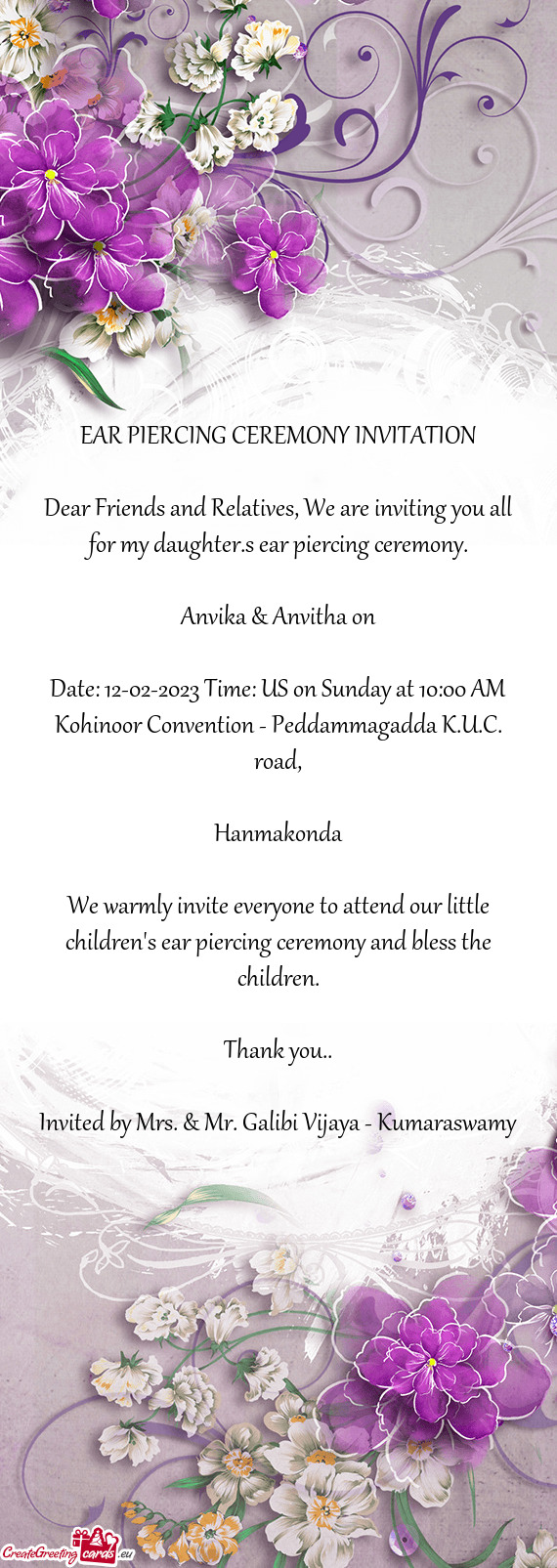 Date: 12-02-2023 Time: US on Sunday at 10:00 AM Kohinoor Convention - Peddammagadda K.U.C. road
