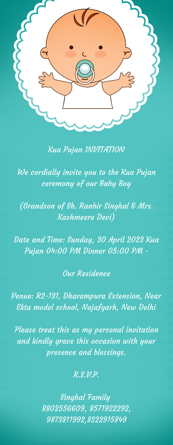 Date and Time: Sunday, 30 April 2023 Kua Pujan 04:00 PM Dinner 05:00 PM