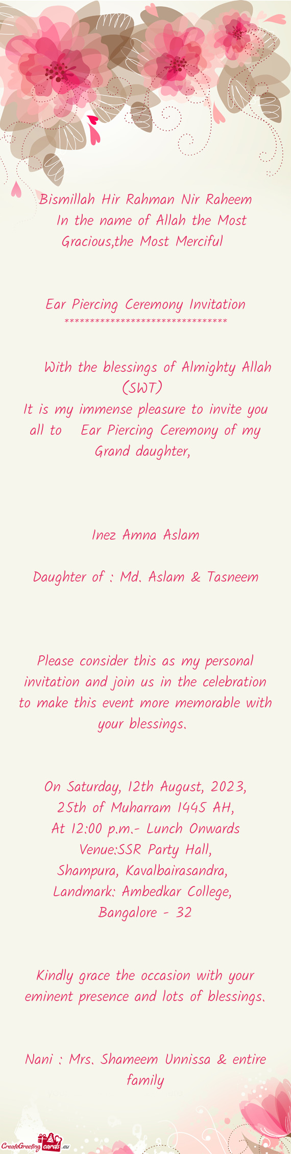 Daughter of : Md. Aslam & Tasneem