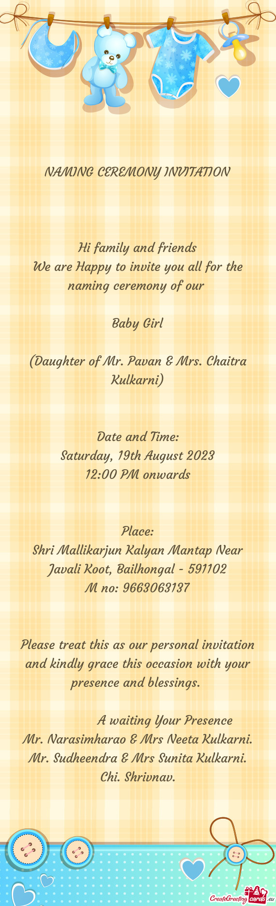(Daughter of Mr. Pavan & Mrs. Chaitra Kulkarni)