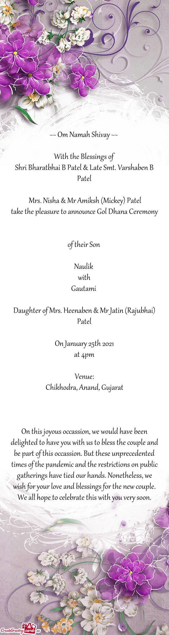 Daughter of Mrs. Heenaben & Mr Jatin (Rajubhai) Patel