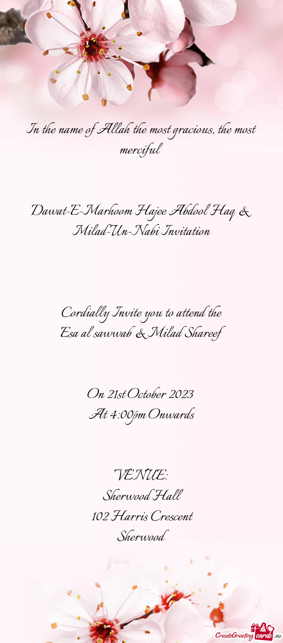 Dawat-E-Marhoom Hajee Abdool Haq & Milad-Un-Nabi Invitation