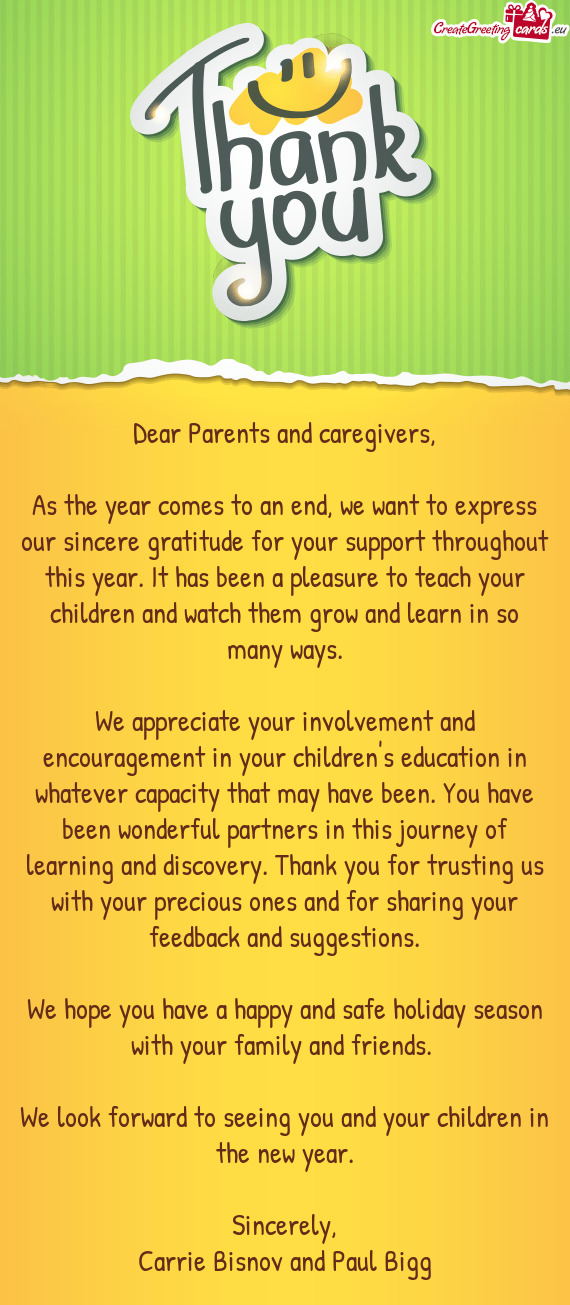 Dear Parents and caregivers
