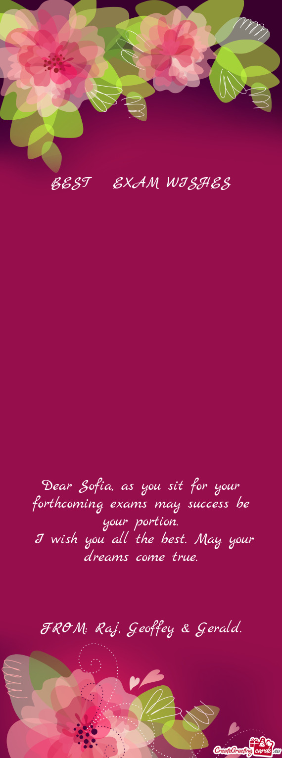 Dear Sofia, as you sit for your forthcoming exams may success be your portion