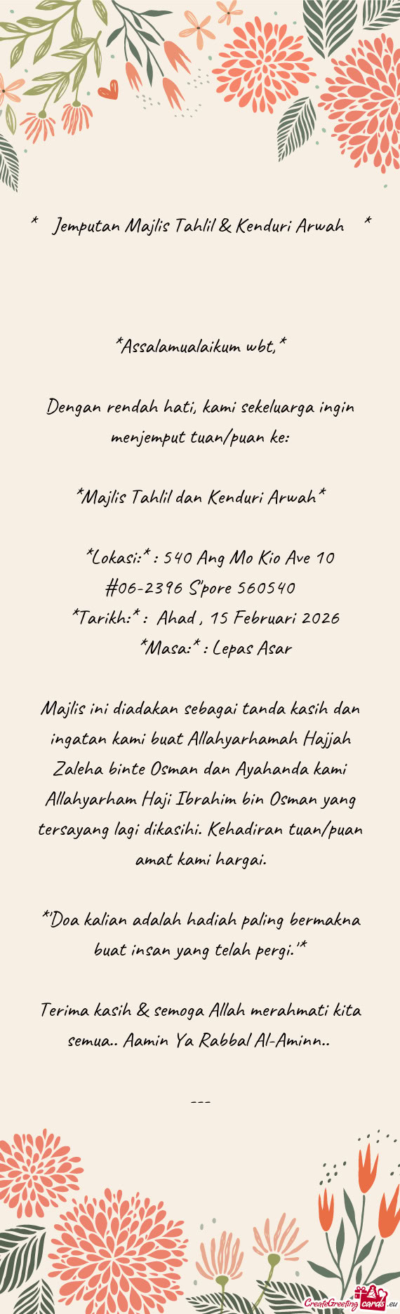 Dengan rendah hati, kami sekeluarga ingin menjemput tuan/puan ke