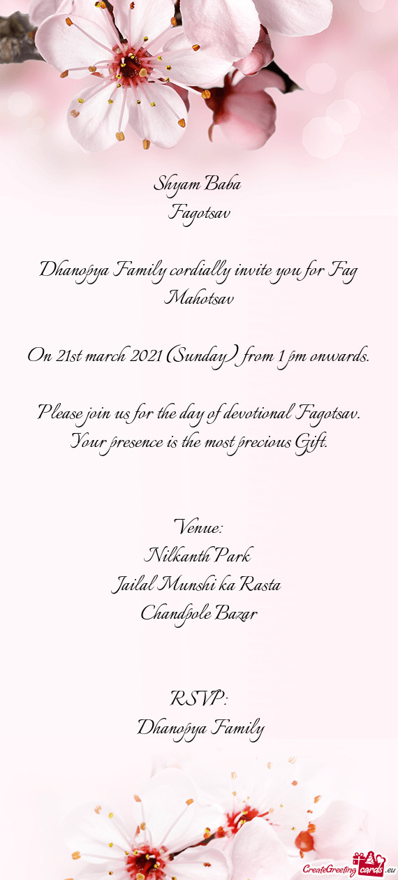 Dhanopya Family cordially invite you for Fag Mahotsav