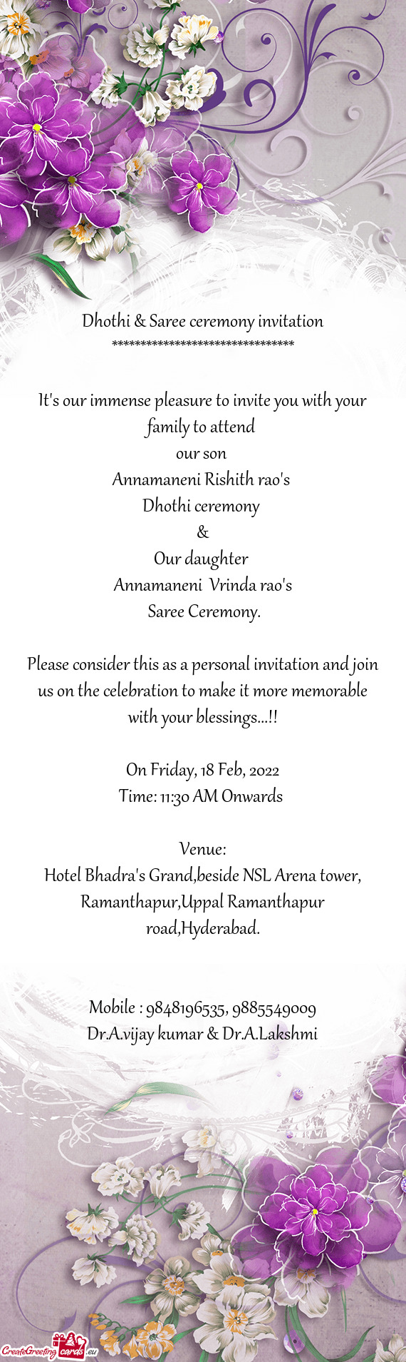 Dhothi & Saree ceremony invitation