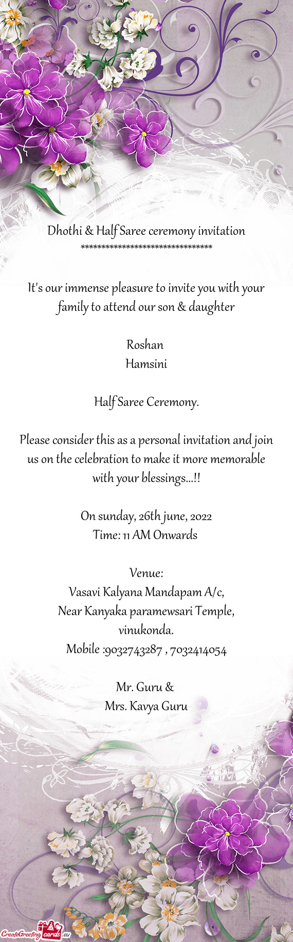 Dhothi & Half Saree ceremony invitation