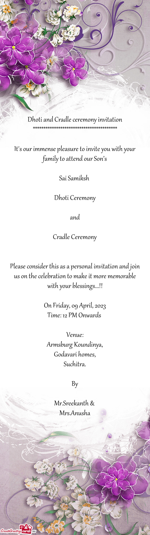 Dhoti and Cradle ceremony invitation
