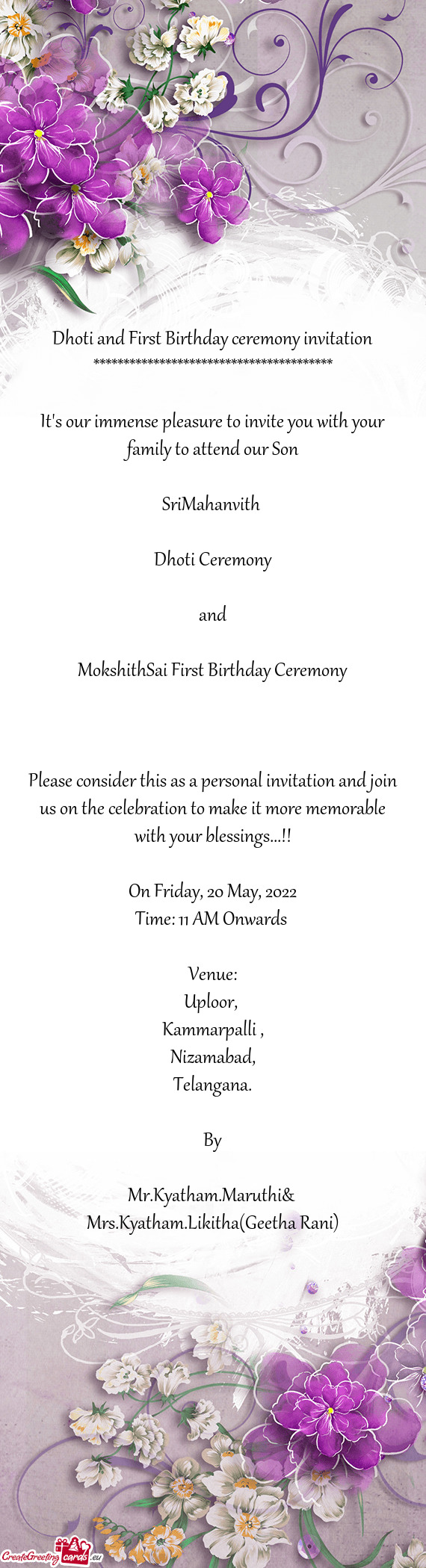 Dhoti and First Birthday ceremony invitation