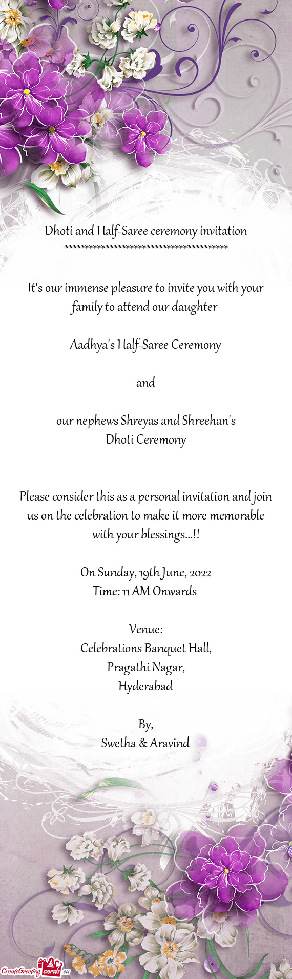 Dhoti and Half-Saree ceremony invitation