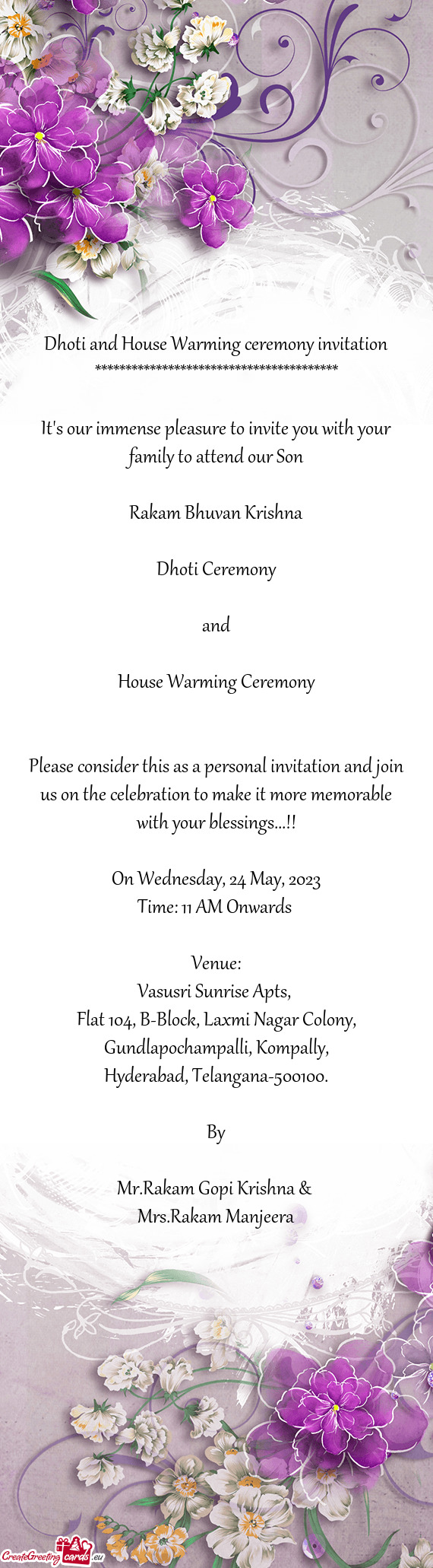 Dhoti and House Warming ceremony invitation