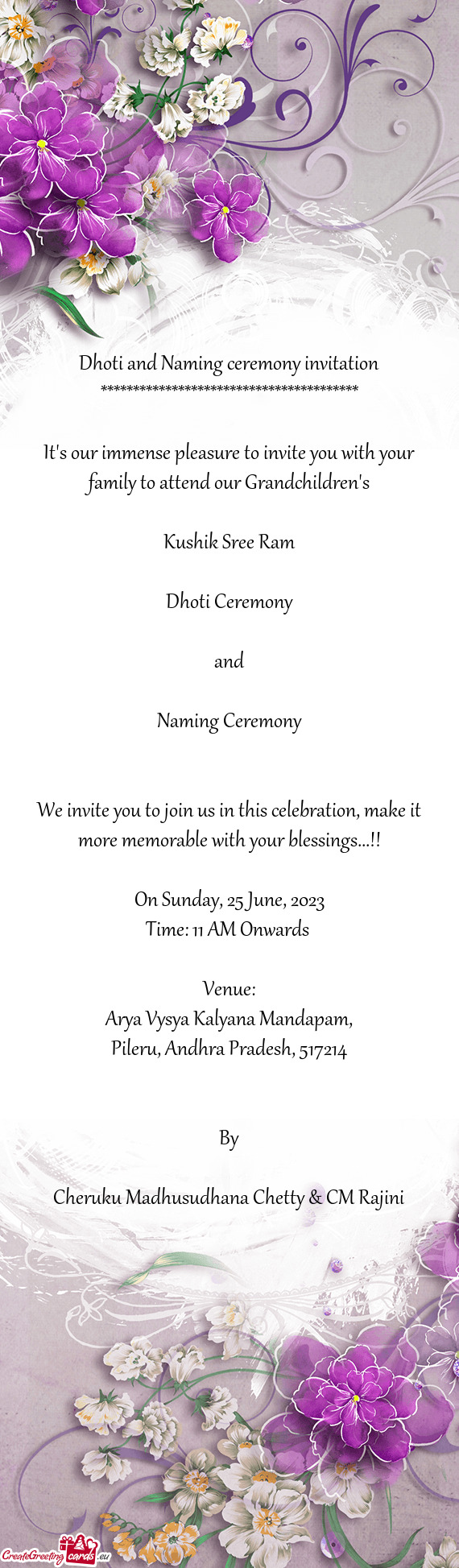 Dhoti and Naming ceremony invitation